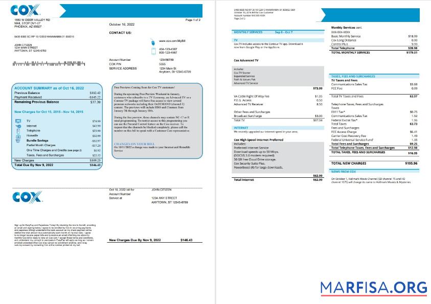 Printable USA COX utility bill template in Word and PDF format
